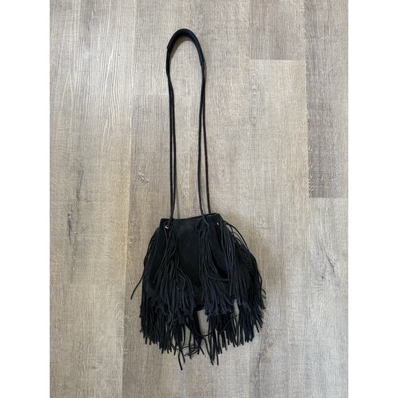 Urban outfitters suede fringe crossbody bag in black Leather Boho Bohemian Style - Picture 1 of 13